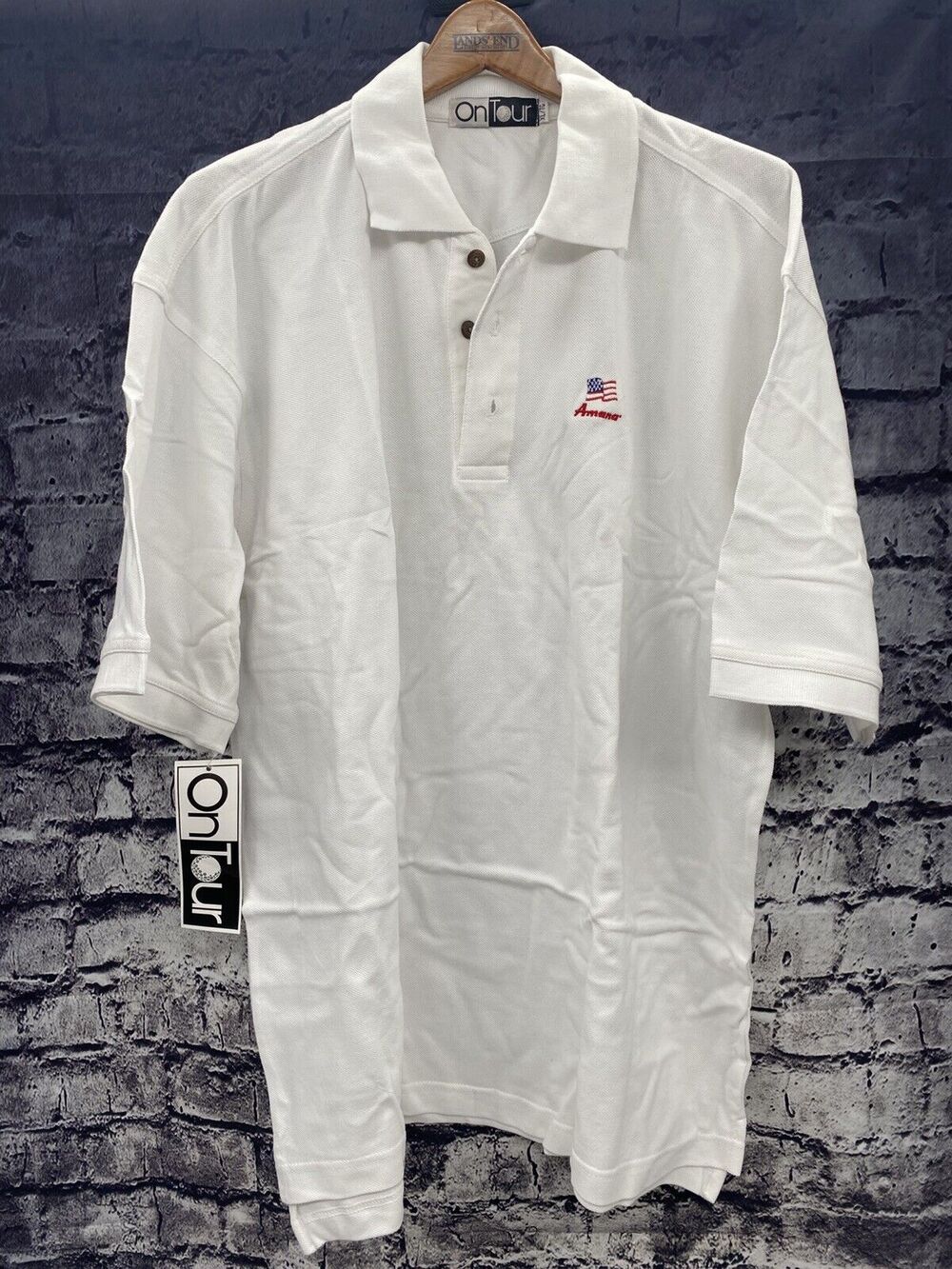 Amana On Tour Golf Shirt X Large White Short Sleeve American Flag NWT